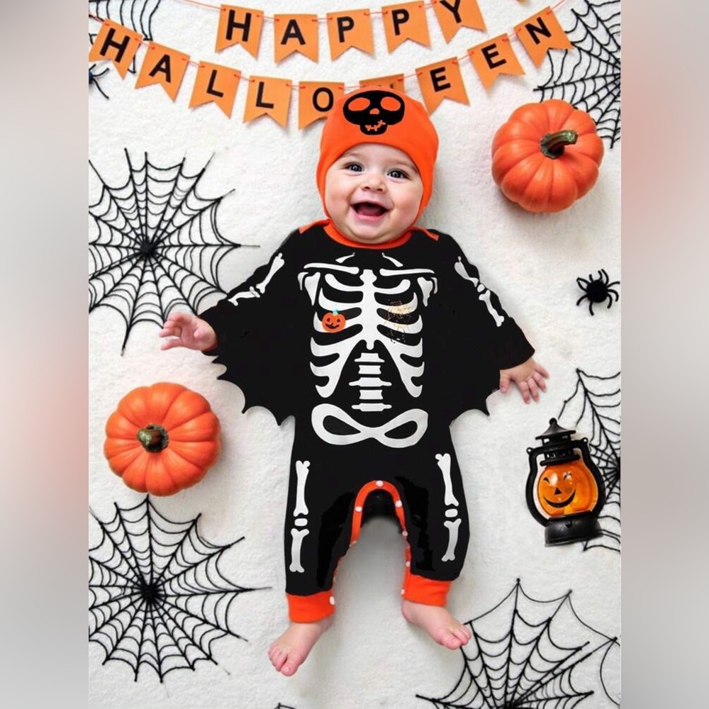🎃 SHEIN Black & Orange Skeleton Baby Halloween Costume (Size 9–12 Months)